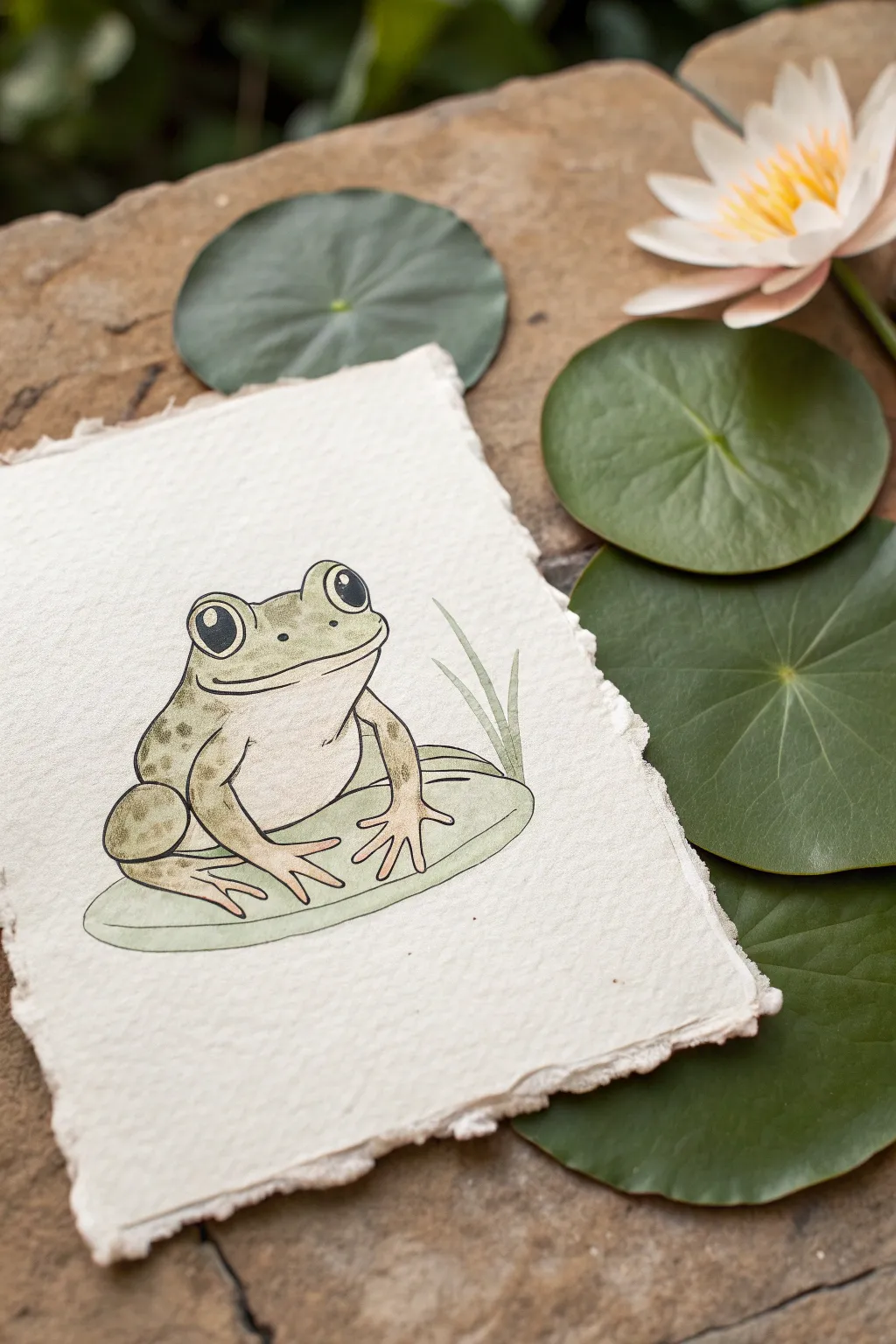 Simple frog with big happy eyes on a lily pad, minimalist Scandinavian-boho drawing idea