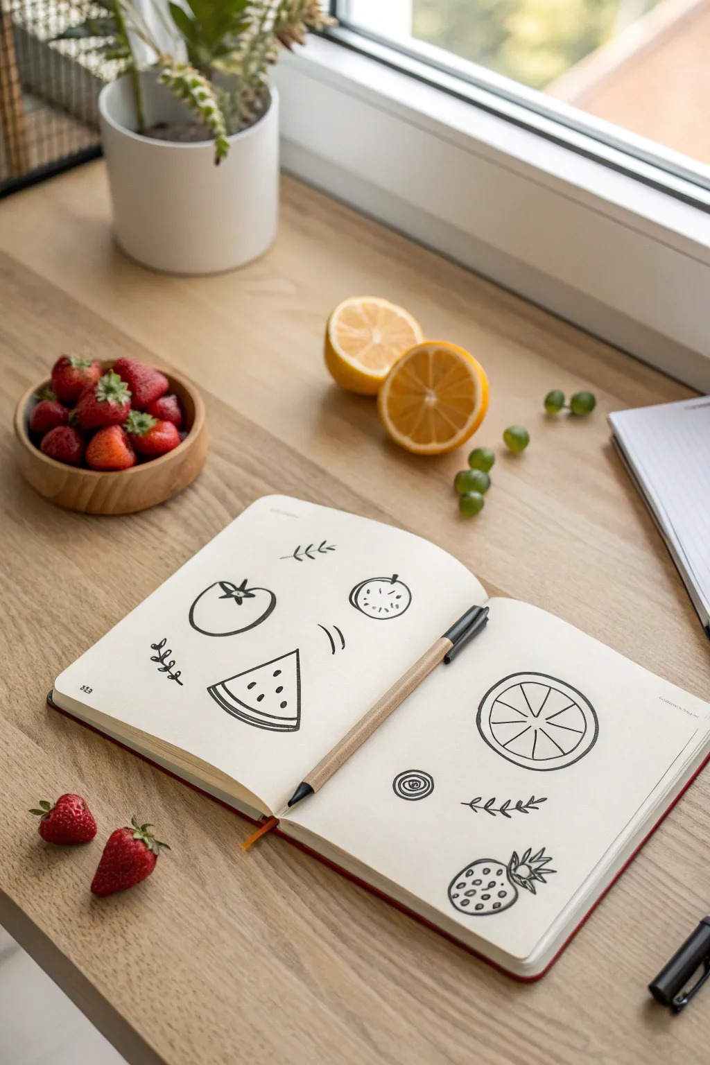 Smiley fruit slice doodles in bold ink, minimalist and cute for an easy sketchbook page