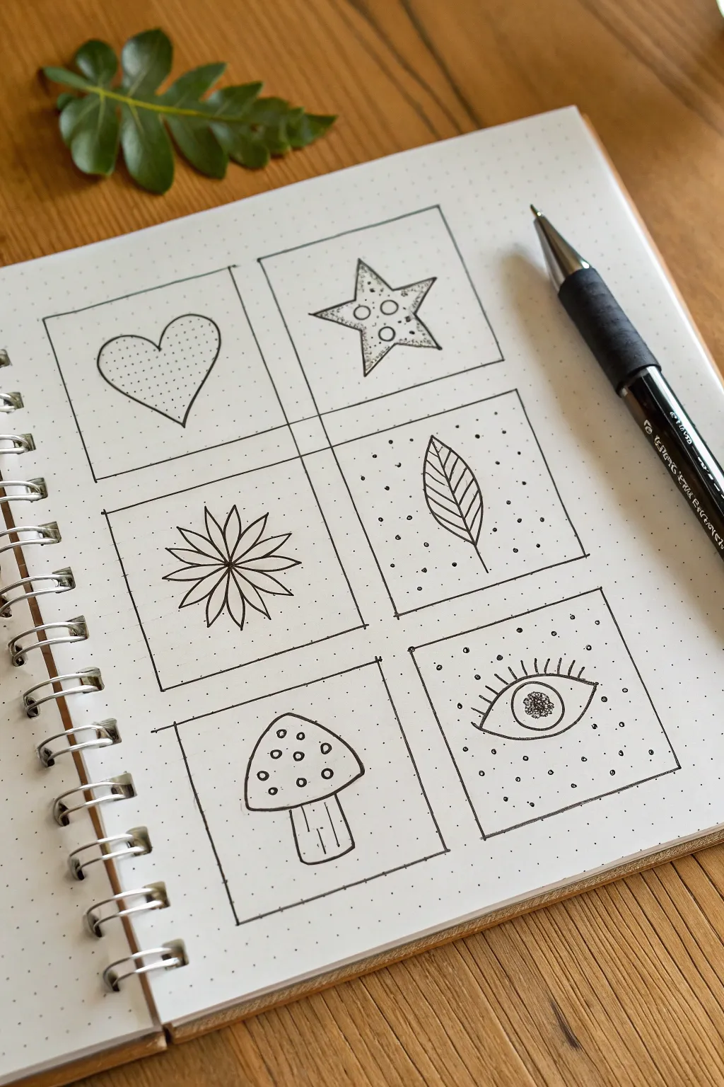 Mini doodle grid with simple mix-and-match line drawings for calm, minimalist sketch practice.