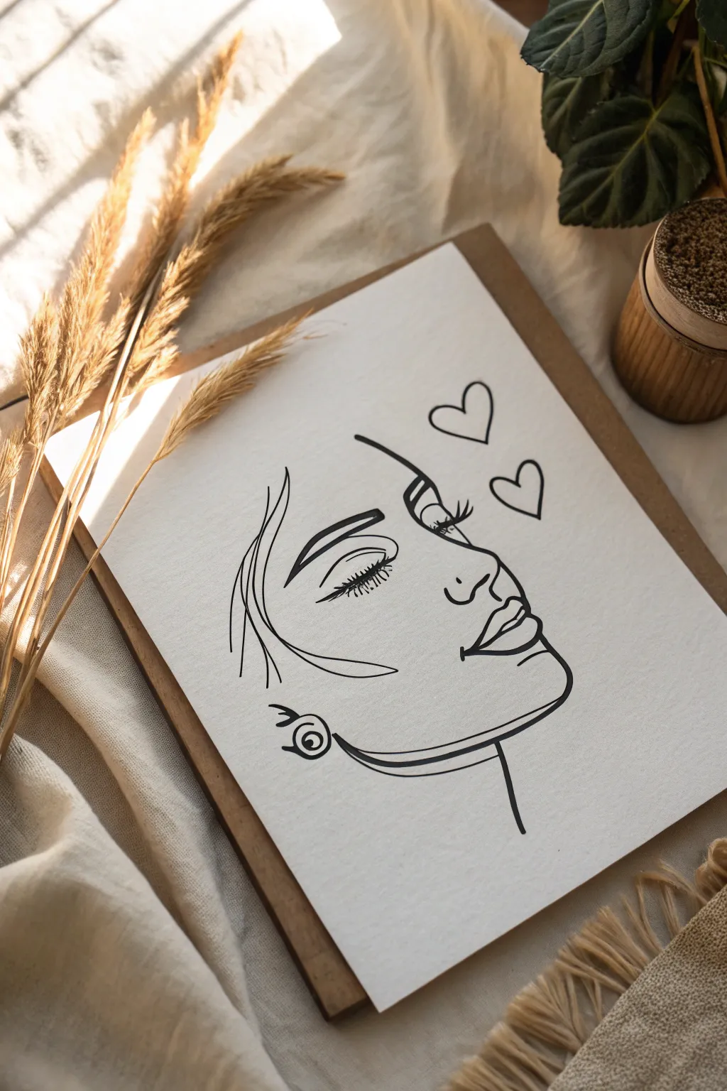 One-line face portrait idea: smooth minimal lines plus a tiny heart accent, easy and elegant.