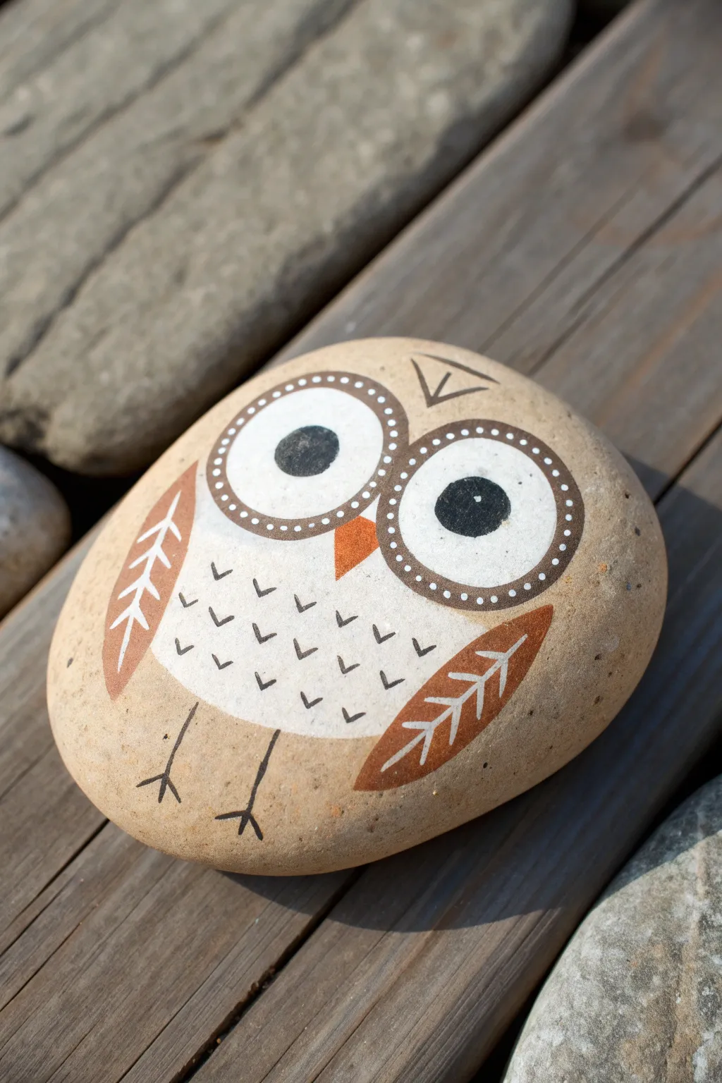 Minimal owl-face rock in neutral tones, clean doodle design with bold eyes and soft shadows