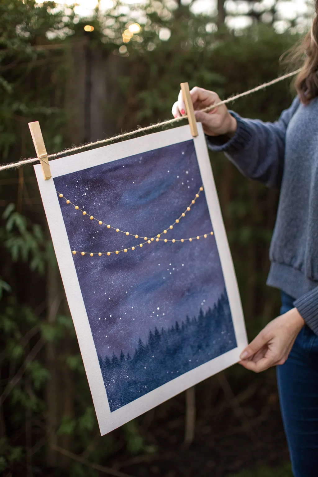 Cozy minimalist night sky painting with glowing string lights, perfect for beginners and calm vibes