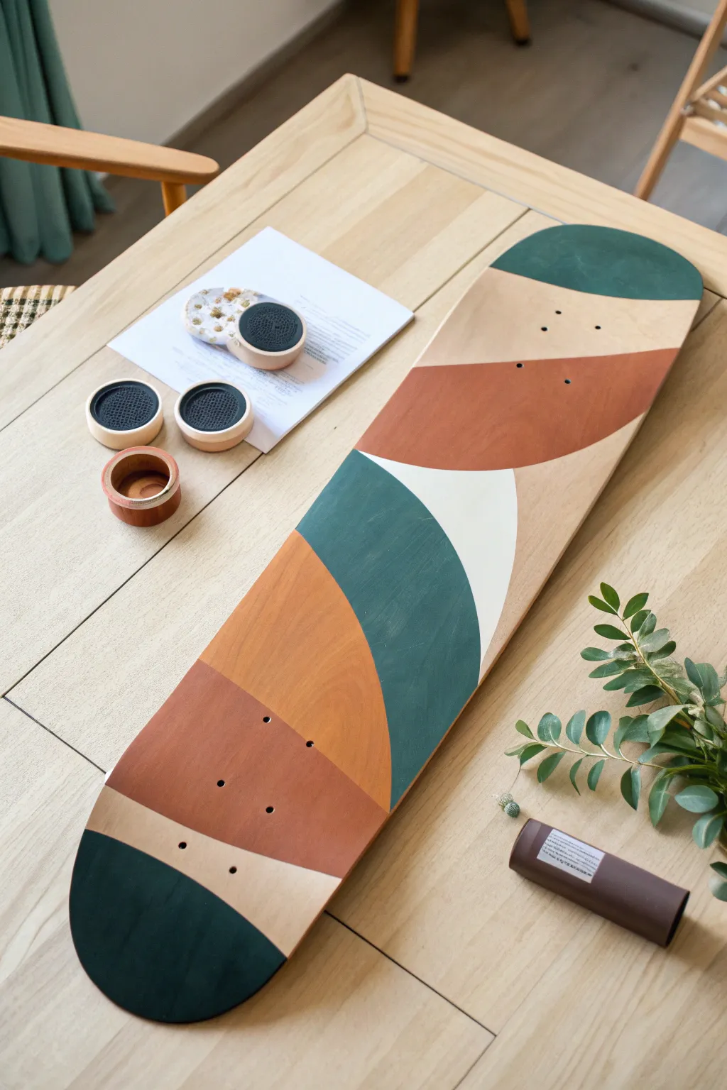 Crisp stencil layers on a minimalist skateboard deck for fast coverage and clean, sharp shapes.