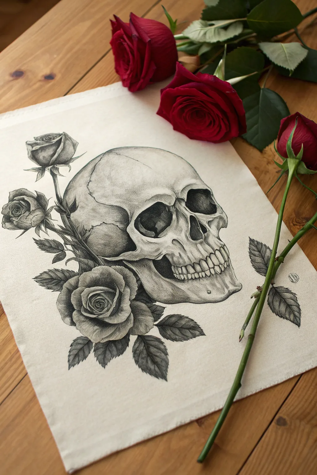 High-contrast skull and roses drawing, minimalist gothic mood with elegant boho flow