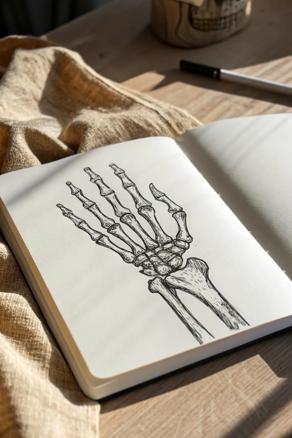 Cross-hatching practice: shade a skeleton hand with rich ink texture and deep bone shadows.