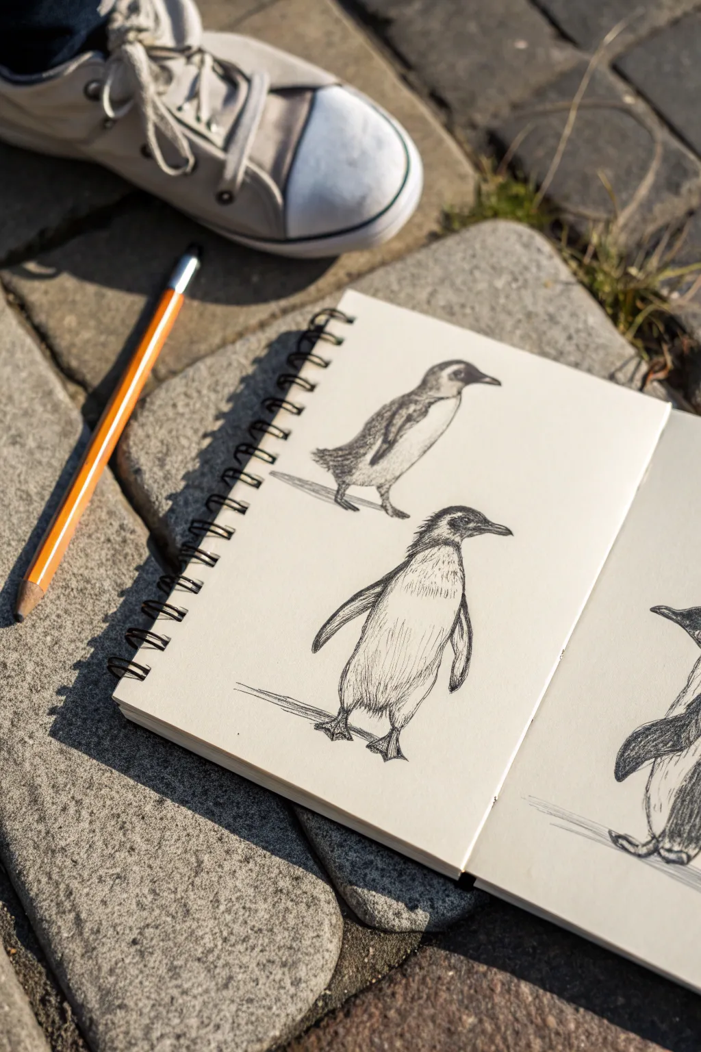 Two-step penguin waddle pose study with simple egg shapes and bold graphite shadow blocks.