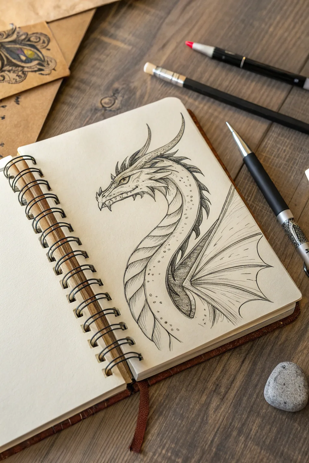 Dragon in motion sketch with bold gesture lines and small wing and horn variation studies