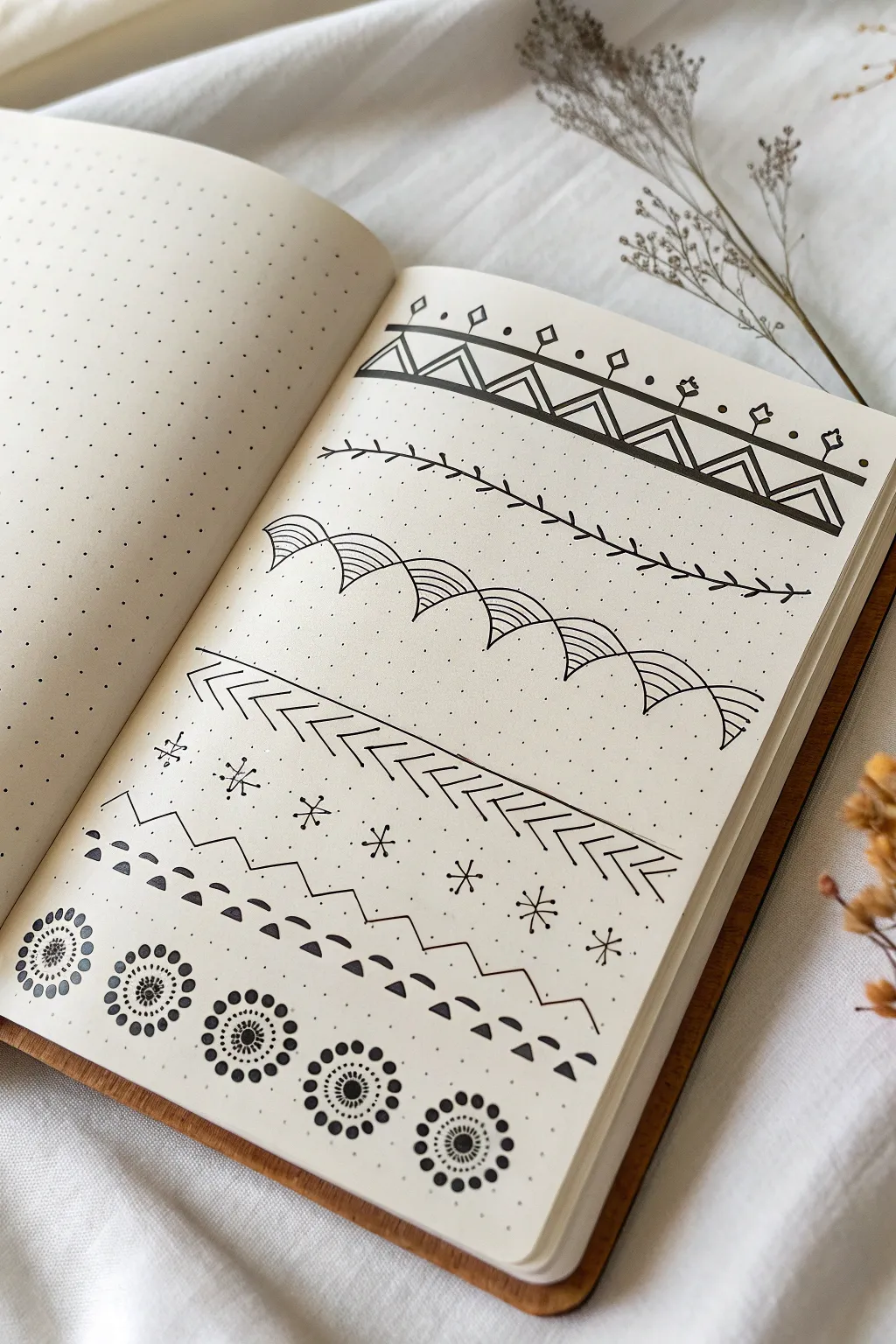 Easy sketchbook idea: repeating arches pattern, each shape filled with simple minimalist motifs