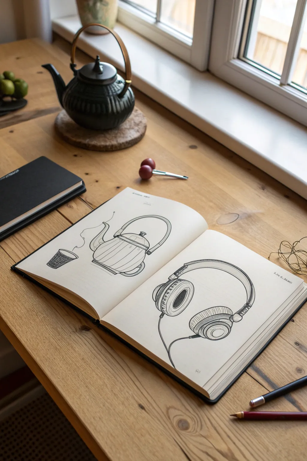 Continuous line studies: simple objects, bold ink, and a few happy mistakes on a clean spread.