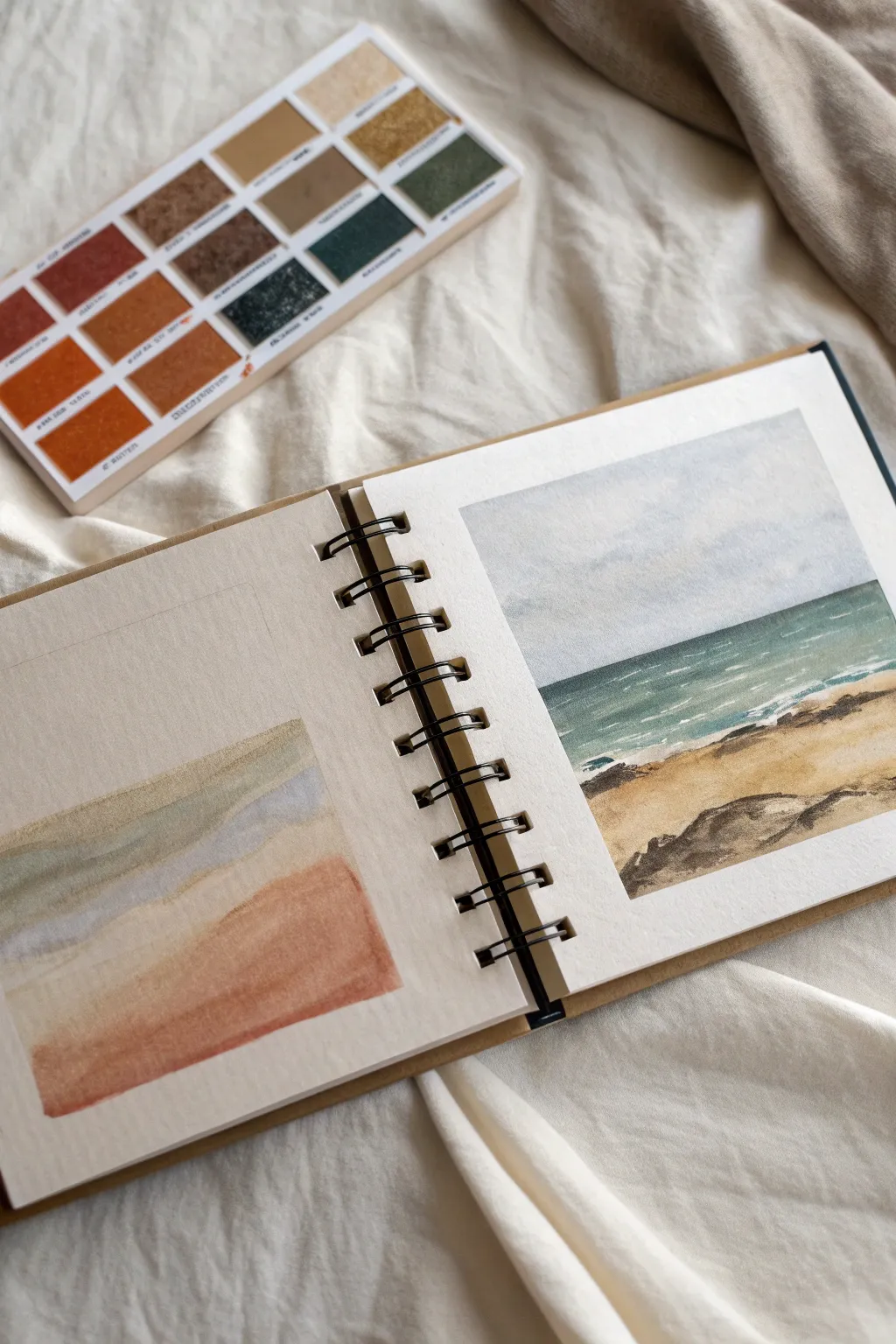 Limited-palette sketchbook scene with matching swatches beside it for clear color planning