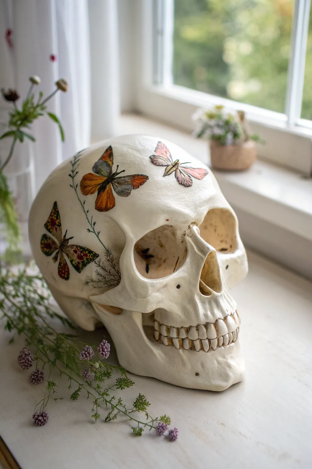 Minimalist skull with butterflies and wildflowers, crafted in soft neutrals with crisp contrast