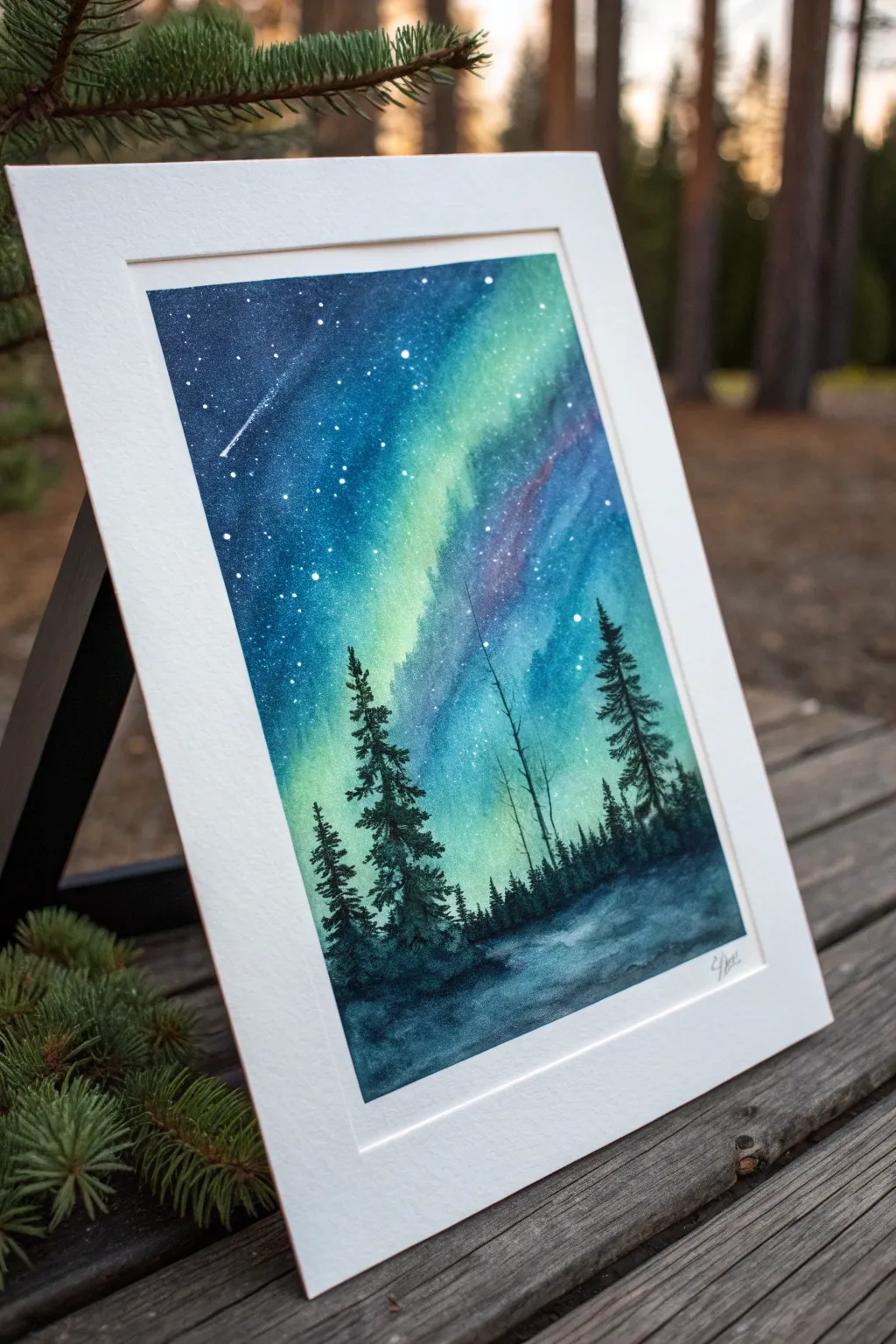 Paint a deep indigo aurora sky with flowing teal ribbons above a crisp pine silhouette.