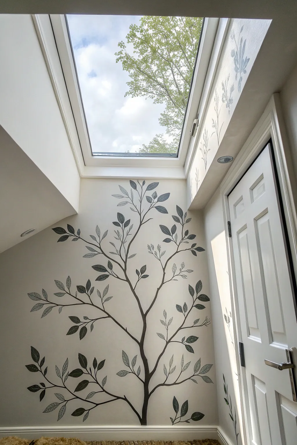 Minimal botanical silhouette mural climbing the skylight well, fading delicately into light.