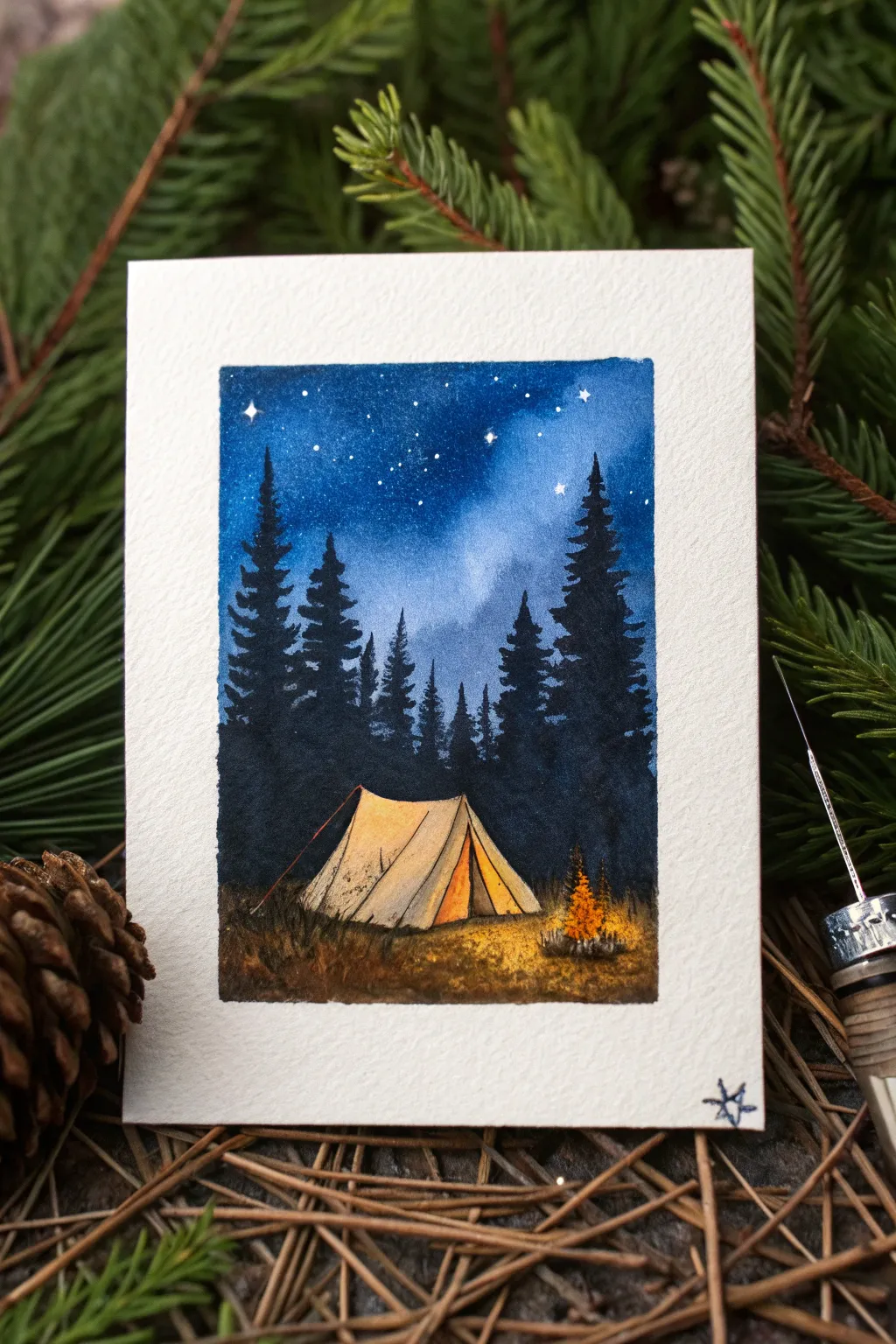 Cozy mini acrylic night campsite: glowing tent and campfire warmth under a starry sky