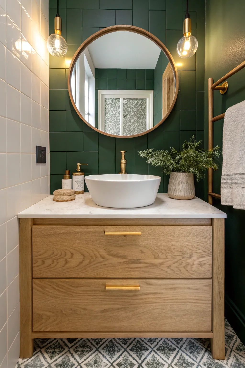 Forest green walls feel intentional in a tiny bath, balanced by pale tile, stone, and warm oak.