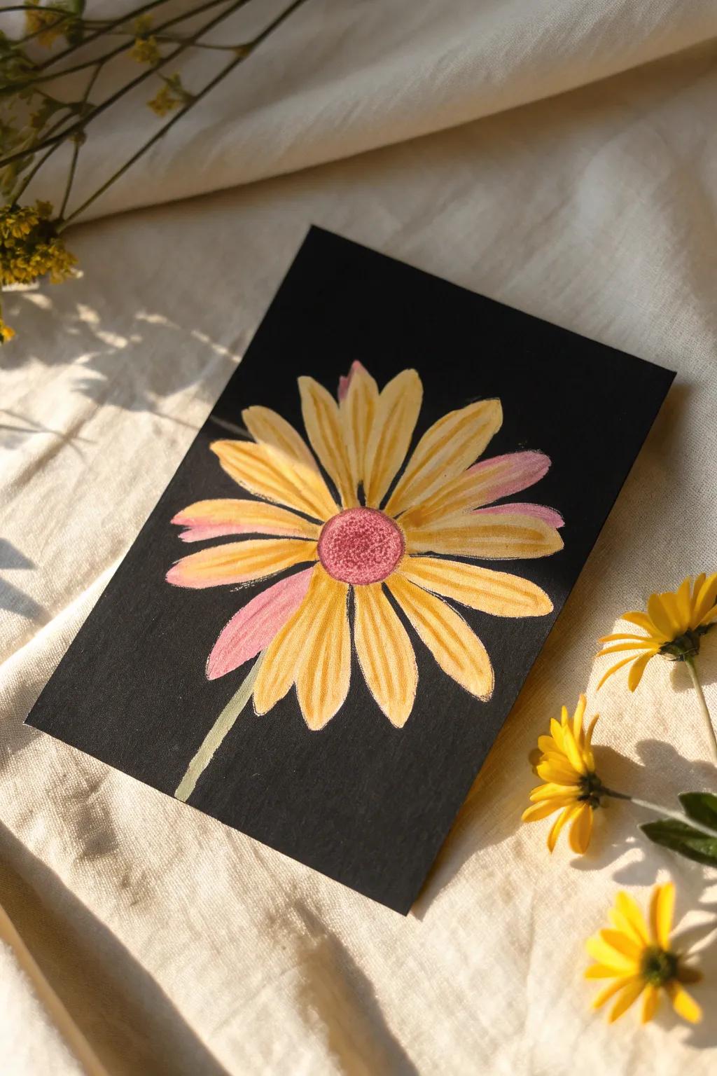 Bold bright bloom on deep black card for dramatic contrast and easy small flower painting practice.