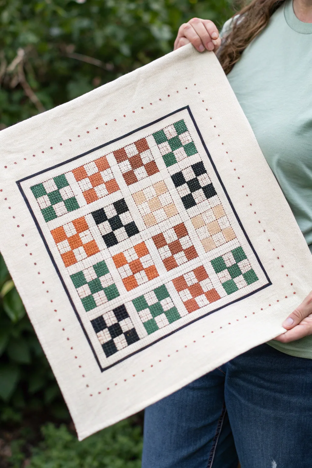 Minimal pixel pattern sampler with checker, diagonal stripes, and tiny dots in 3 calm colors