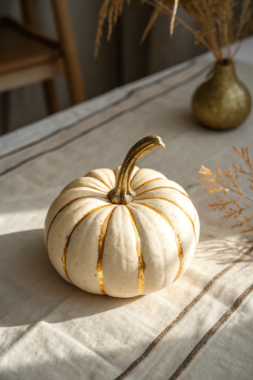 Small pumpkin with subtle gold shimmer details, perfect inspiration for metallic autumn accents.