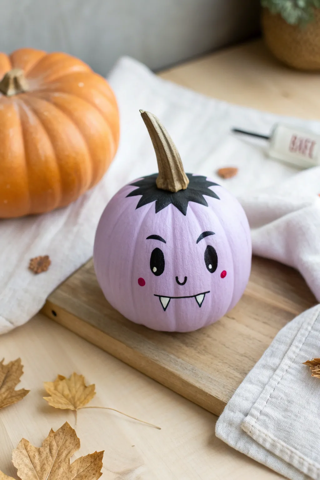 Sweet vampire mini pumpkin in soft lavender with tiny fangs, blush cheeks, and cozy boho vibe