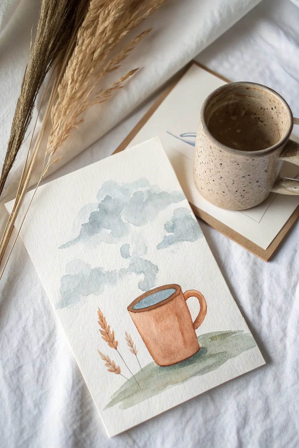 Mini mug watercolor with pale steam swirls and plenty of calming white space to breathe.