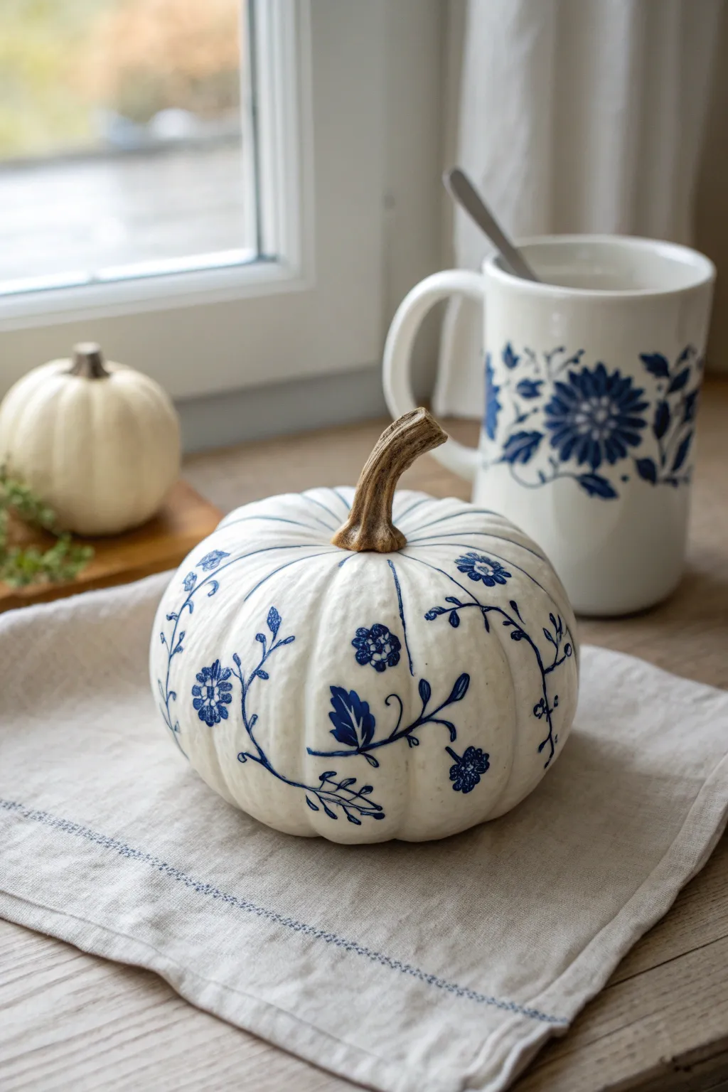 Cobalt blue porcelain florals painted on a petite white pumpkin for calm Scandinavian fall decor