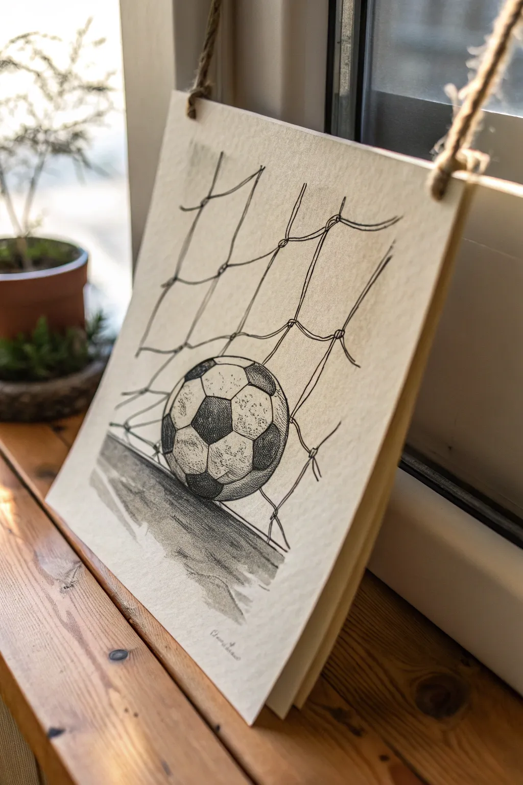 Minimalist soccer sketch: ball pressing into the net, crisp contrast and elegant shading.
