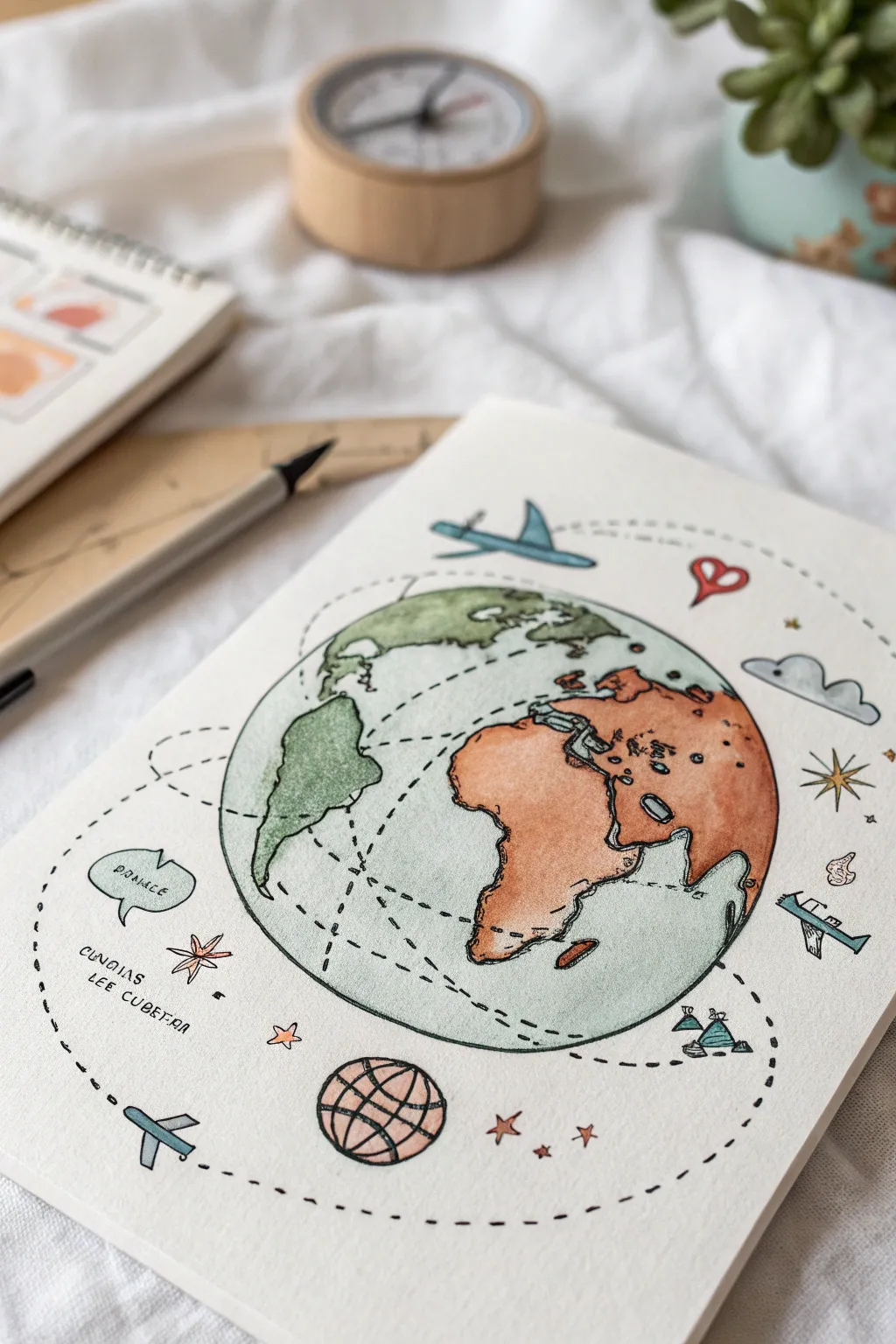 Minimal globe doodle with dotted routes and icons, a chic social studies sketch idea.