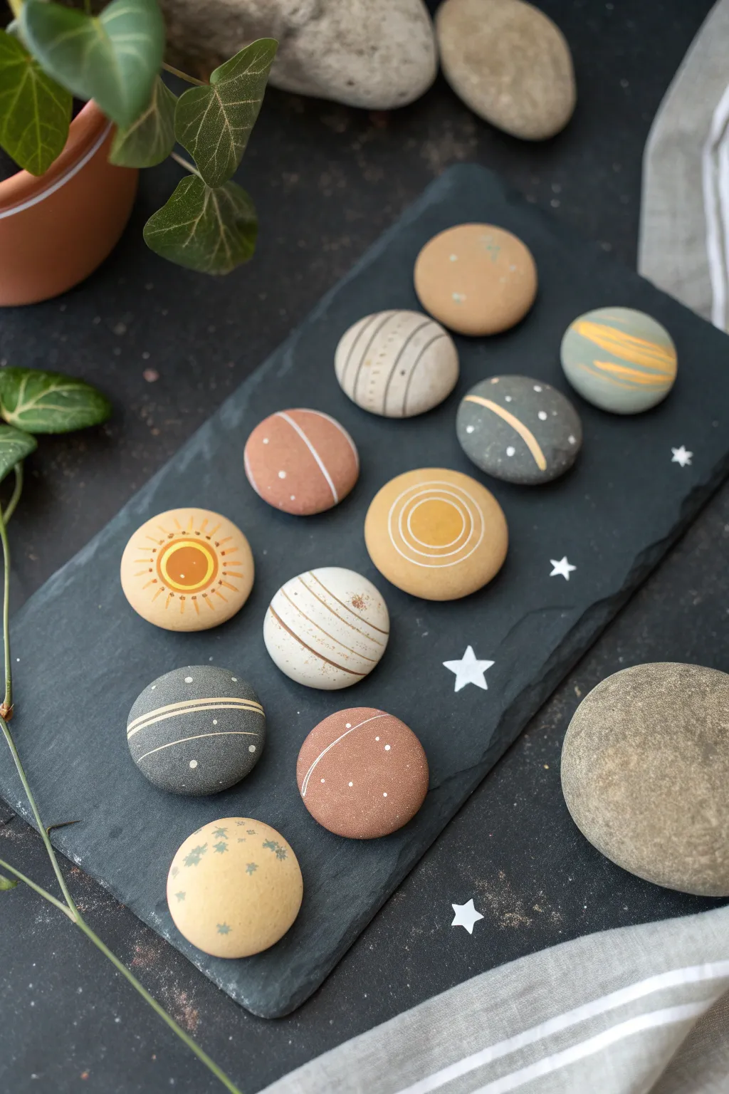 Paint planet rocks into a minimalist solar system layout, with simple orbits and star dots.