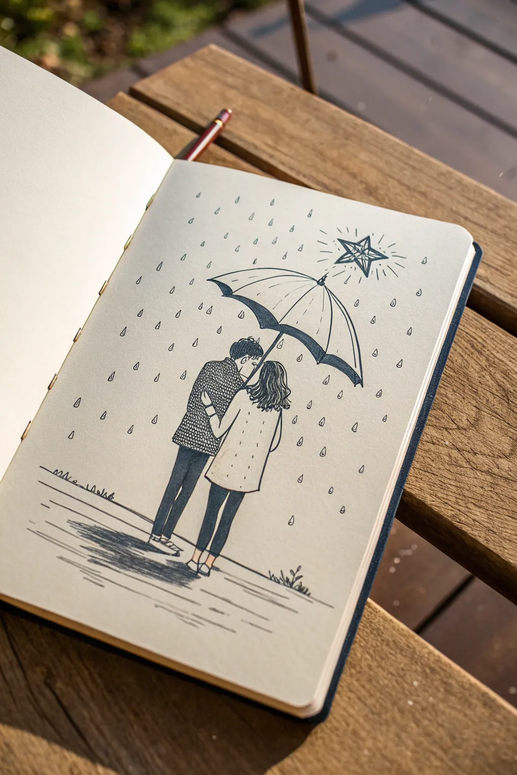 A shared umbrella under star rain, a minimalist soulmate sketch with a faint constellation above