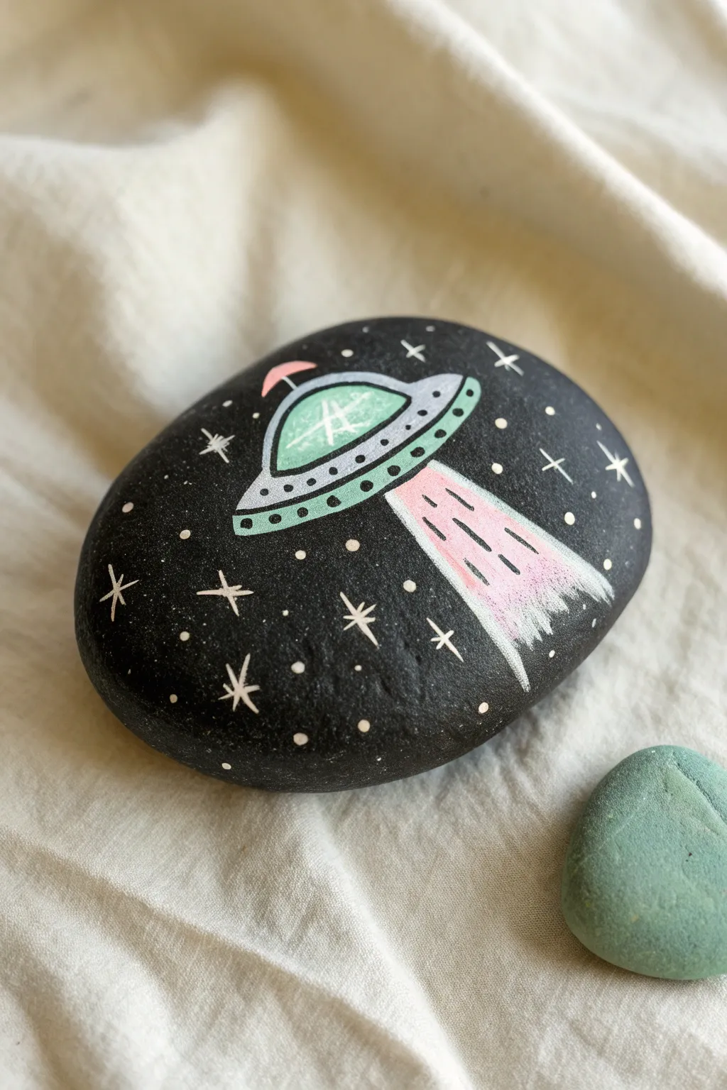Playful UFO beam rock painting idea with soft glow, stars, and a tiny planet on dark stone