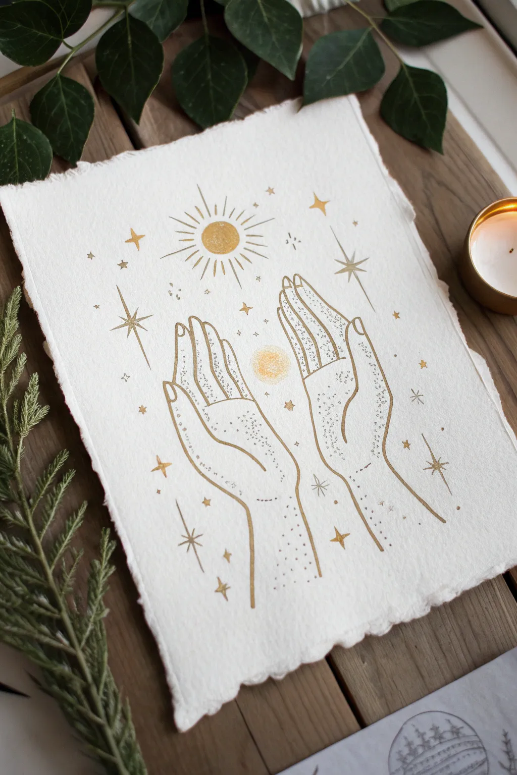 Minimalist spiritual drawing of open hands releasing glowing energy orbs, calm Scandinavian boho mood