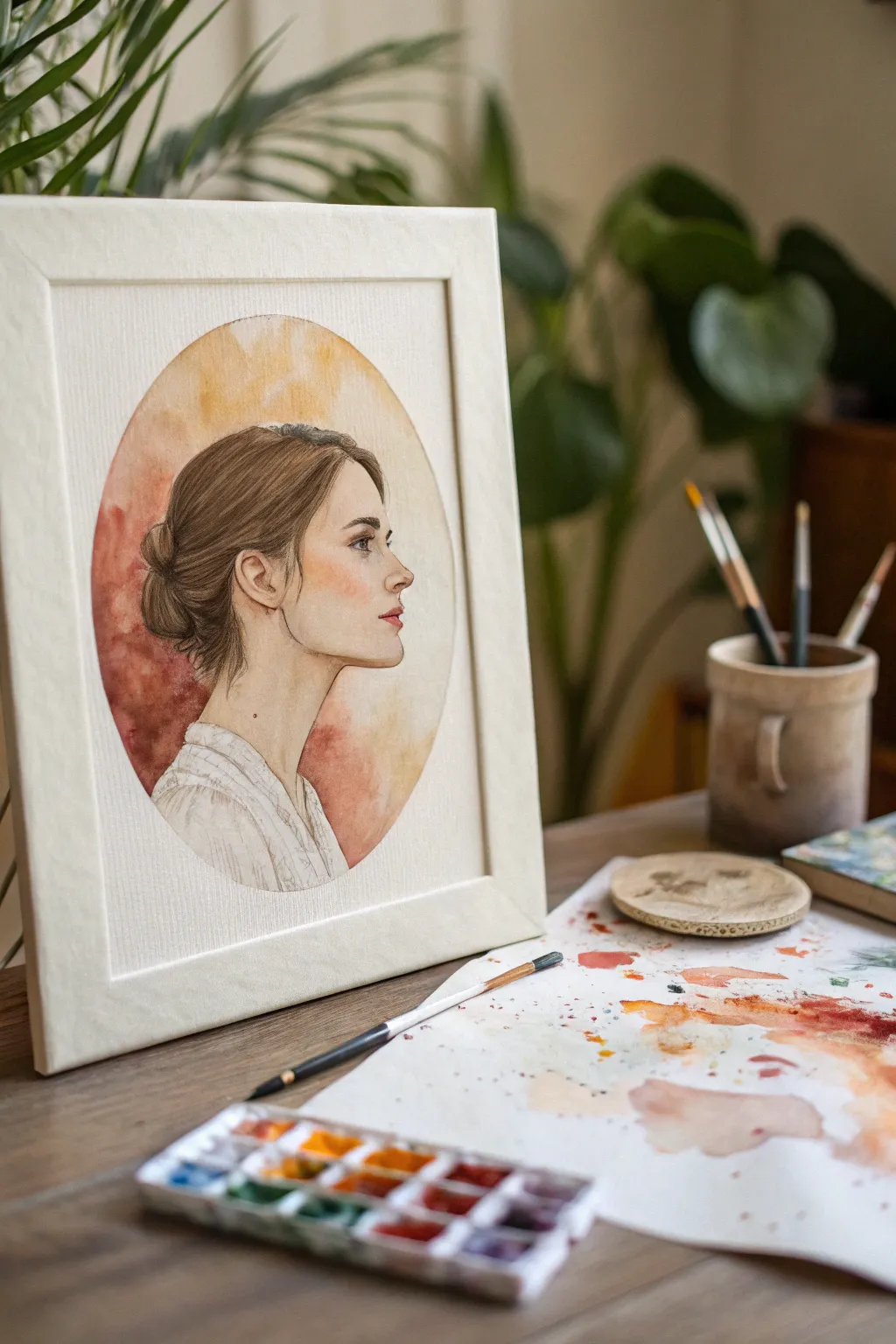 Paint a calm profile portrait inside a bold protective circle, with free abstract strokes beyond