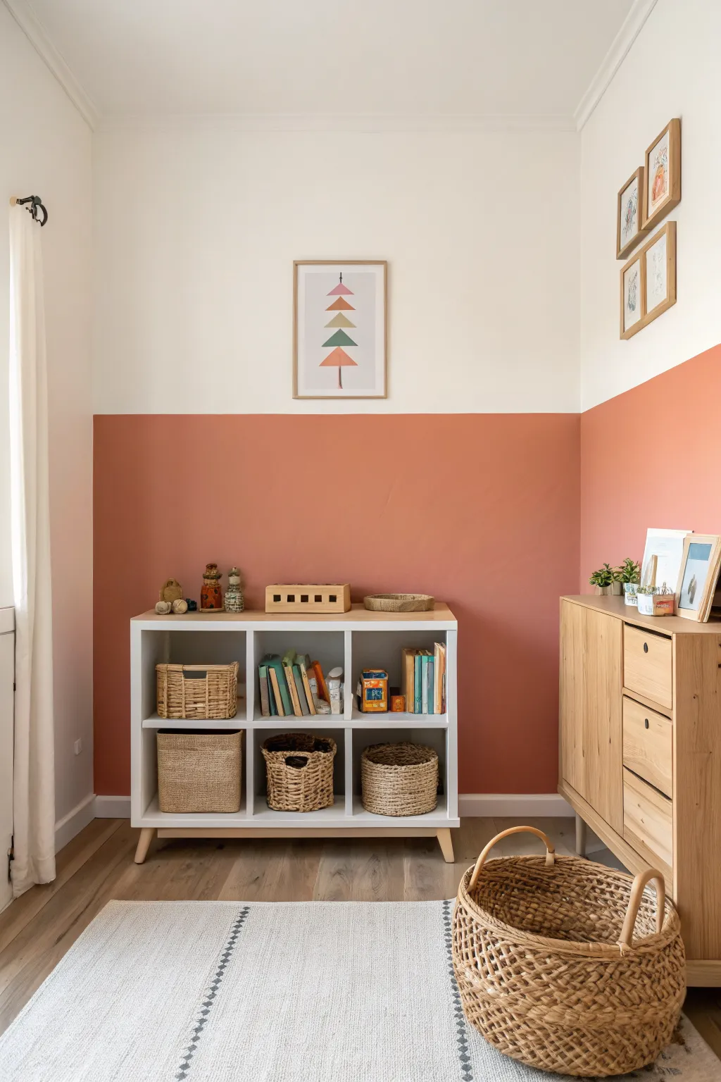 Playful two-tone split wall paint makes a kids room bright, tidy, and scuff-friendly.
