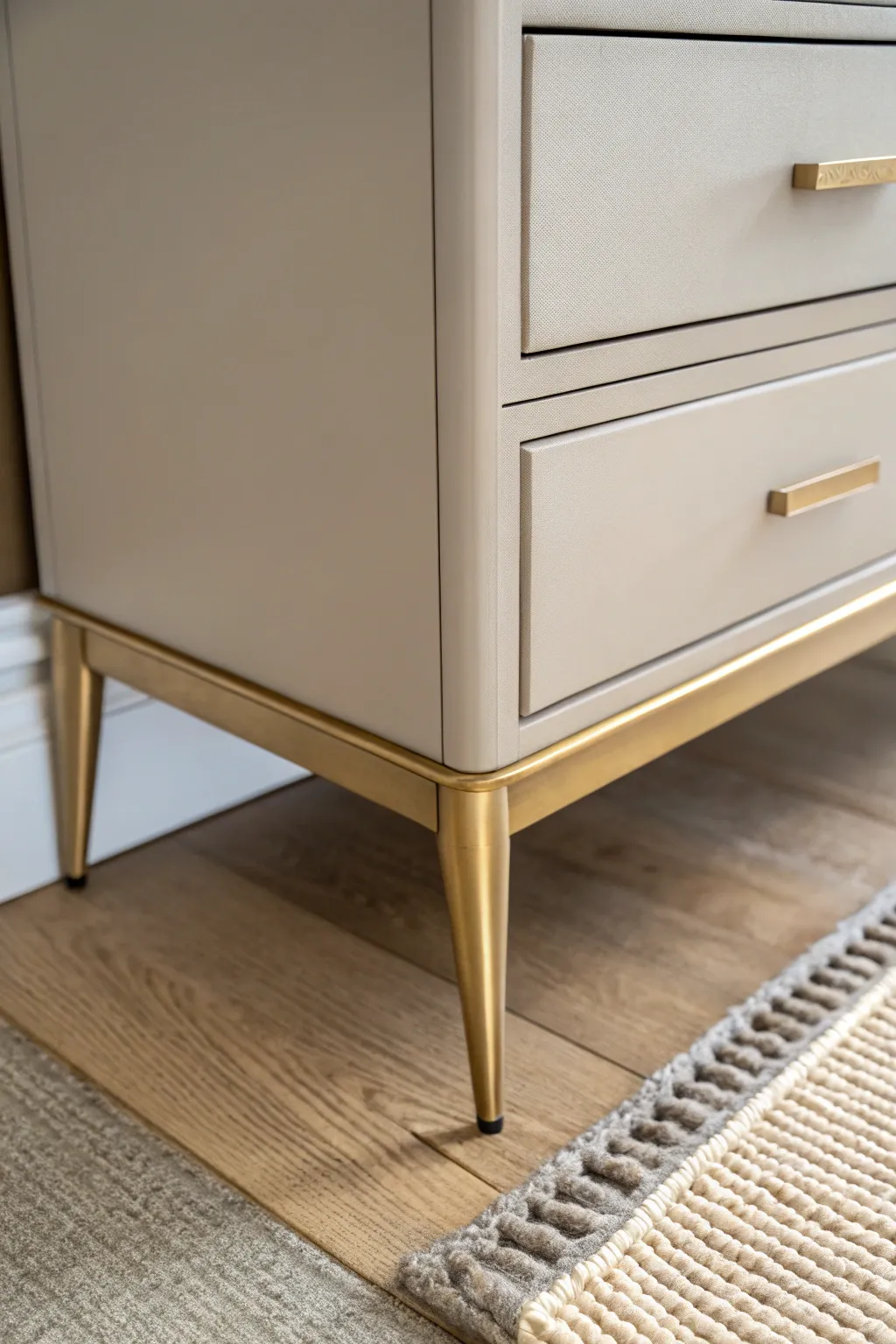 Metallic spray-painted legs add a soft glow to a neutral dresser in minimalist boho style.