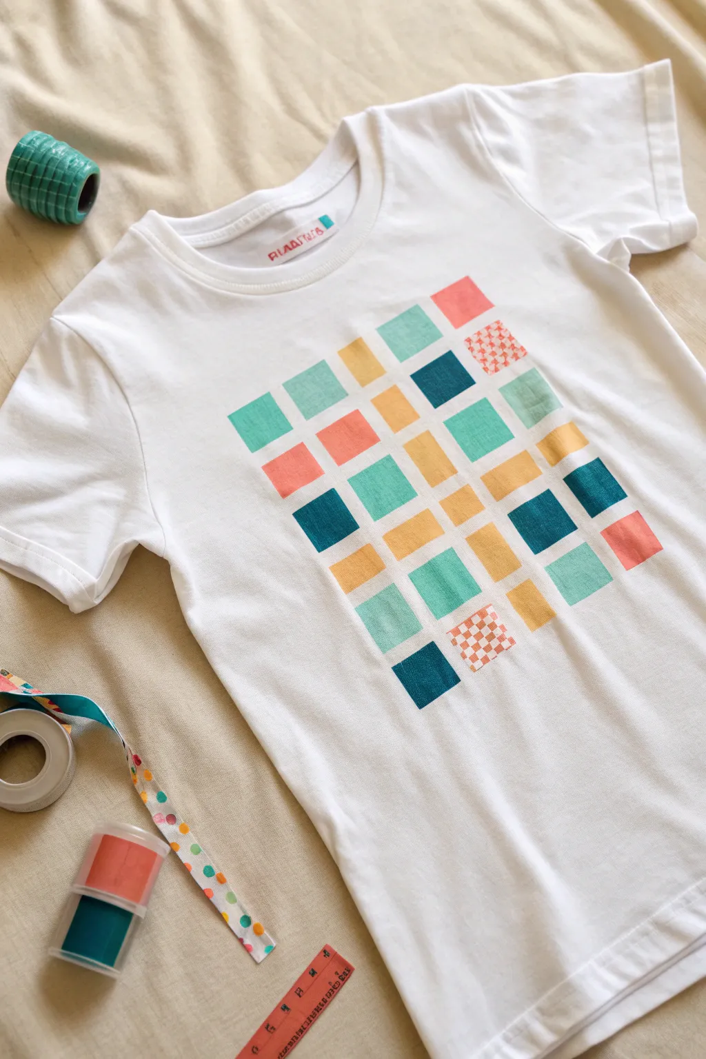 Tape-resist grid tee with bold color blocks and peeled tape detail for clean DIY inspiration