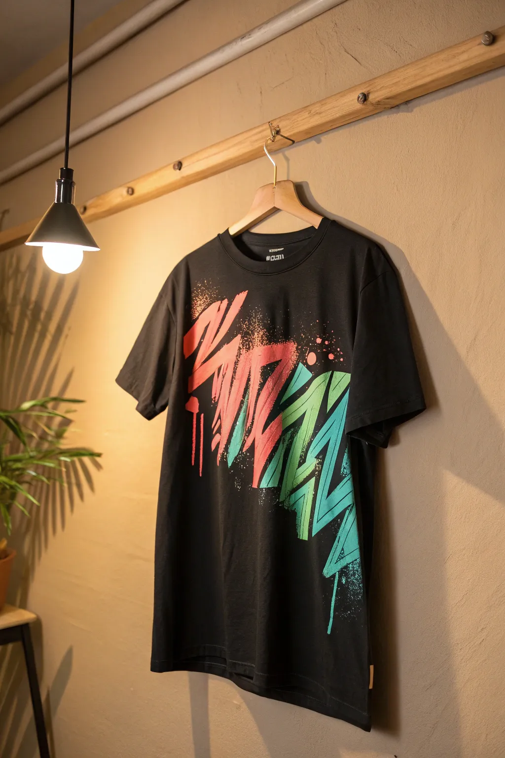 Neon spray bursts on black tee, minimalist and bold for striking DIY statement style.