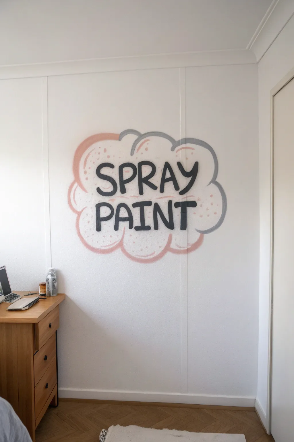 DIY street-style spray lettering name wall above a minimalist desk, soft shadow and bold contrast