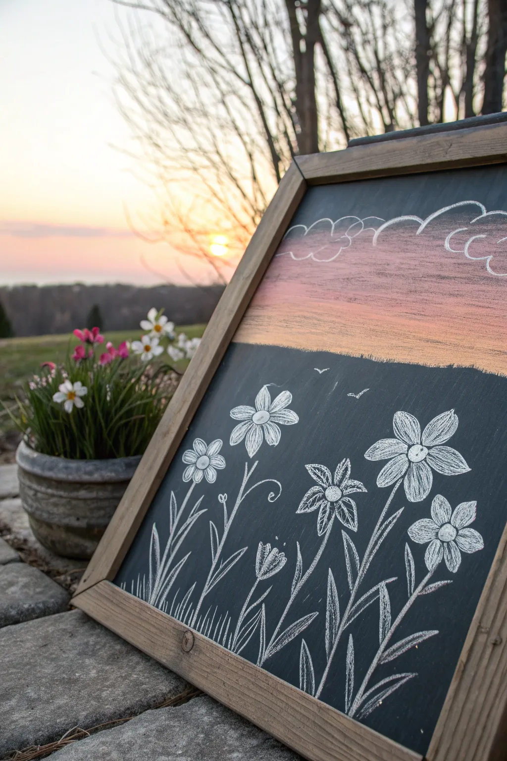 Layered chalk sunset blends behind spring flower silhouettes for an airy Scandinavian vibe