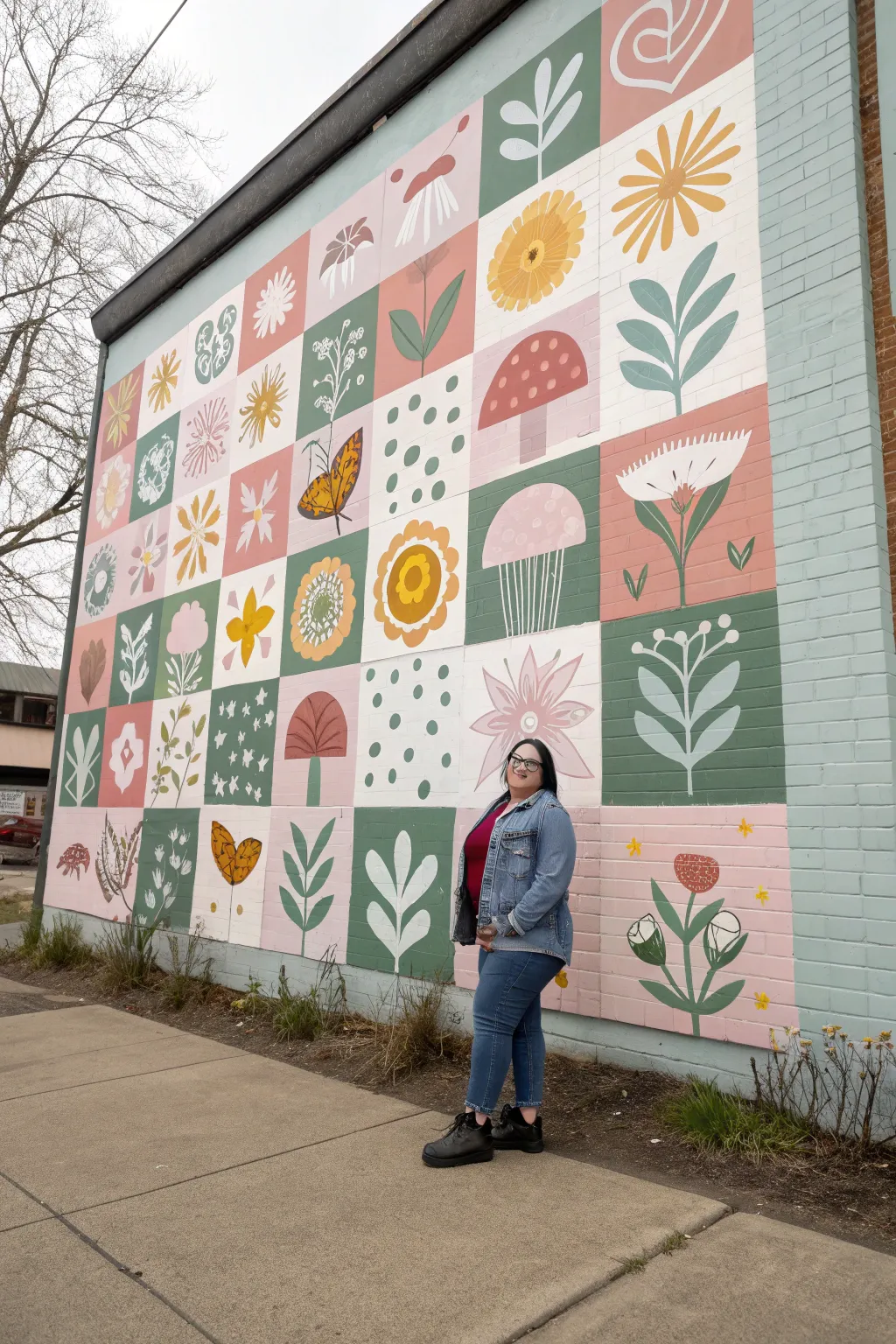 Patchwork spring mural of simple squares with blooms, bugs, raindrops, and sun in soft boho tones