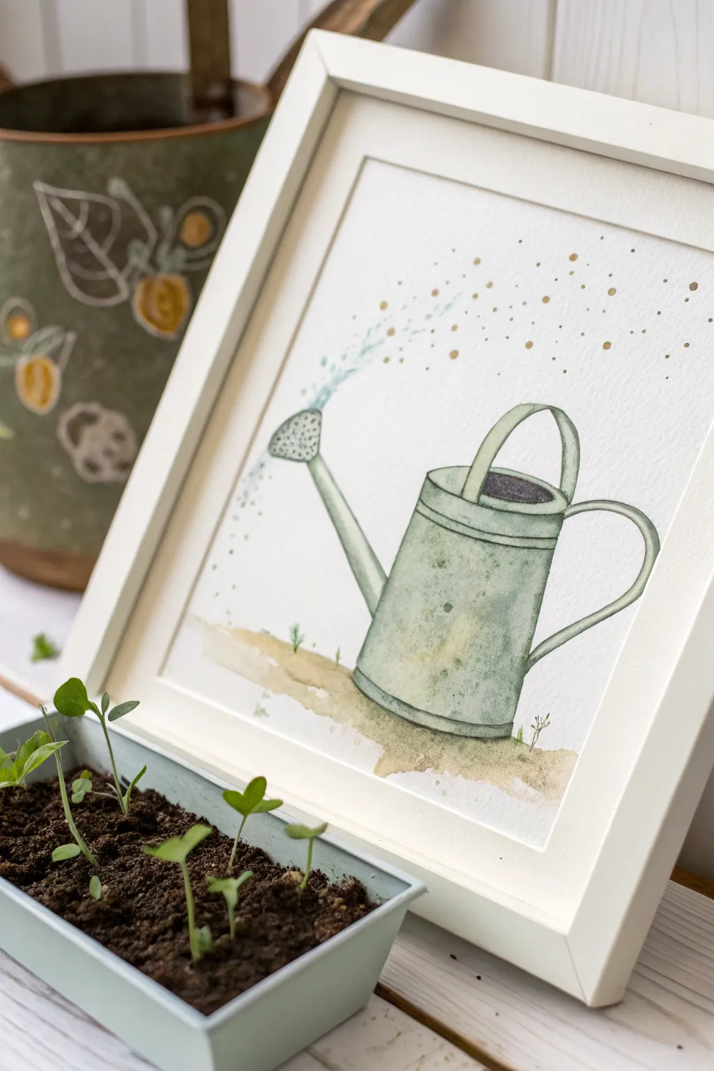 Minimal watercolor watering can with sparkling pour, perfect spring garden practice piece