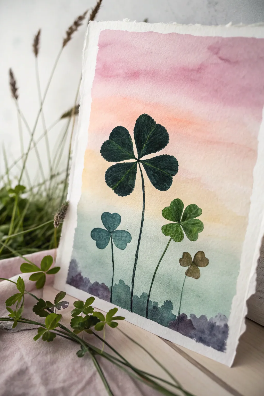 Soft rainbow wash and bold clover silhouette for a clean St Patricks Day drawing idea
