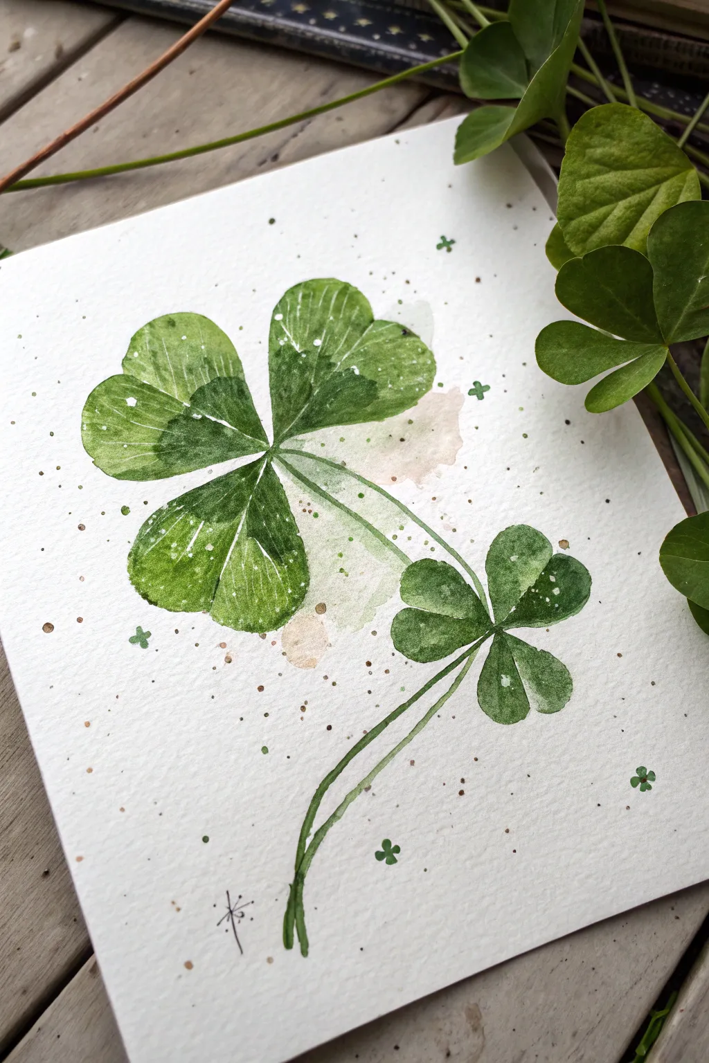 Minimal watercolor clovers in fresh greens with delicate ink dots, perfect for St Patricks Day.