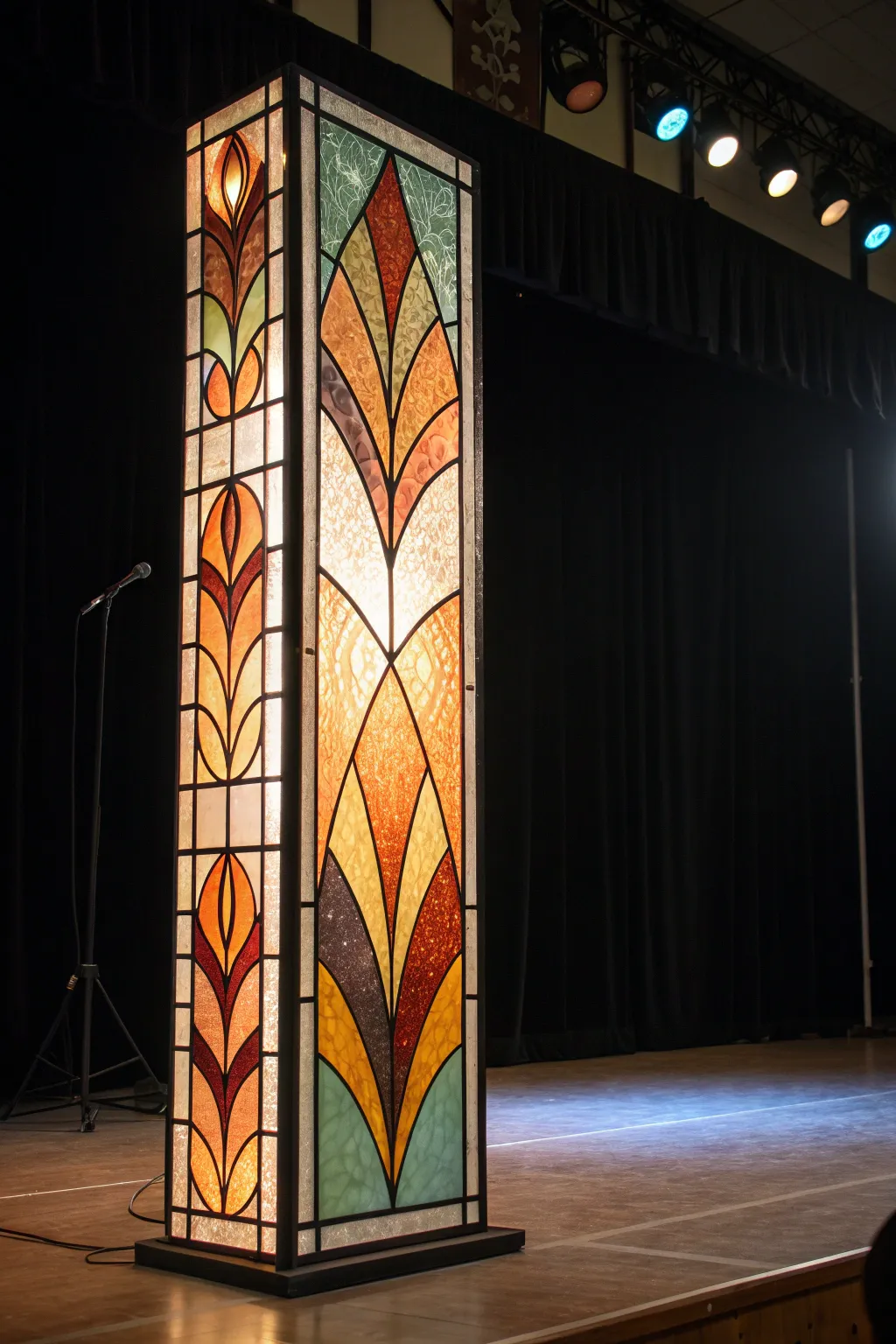 Backlit faux stained glass panel glows with bold lines and boho color for a dreamy stage backdrop