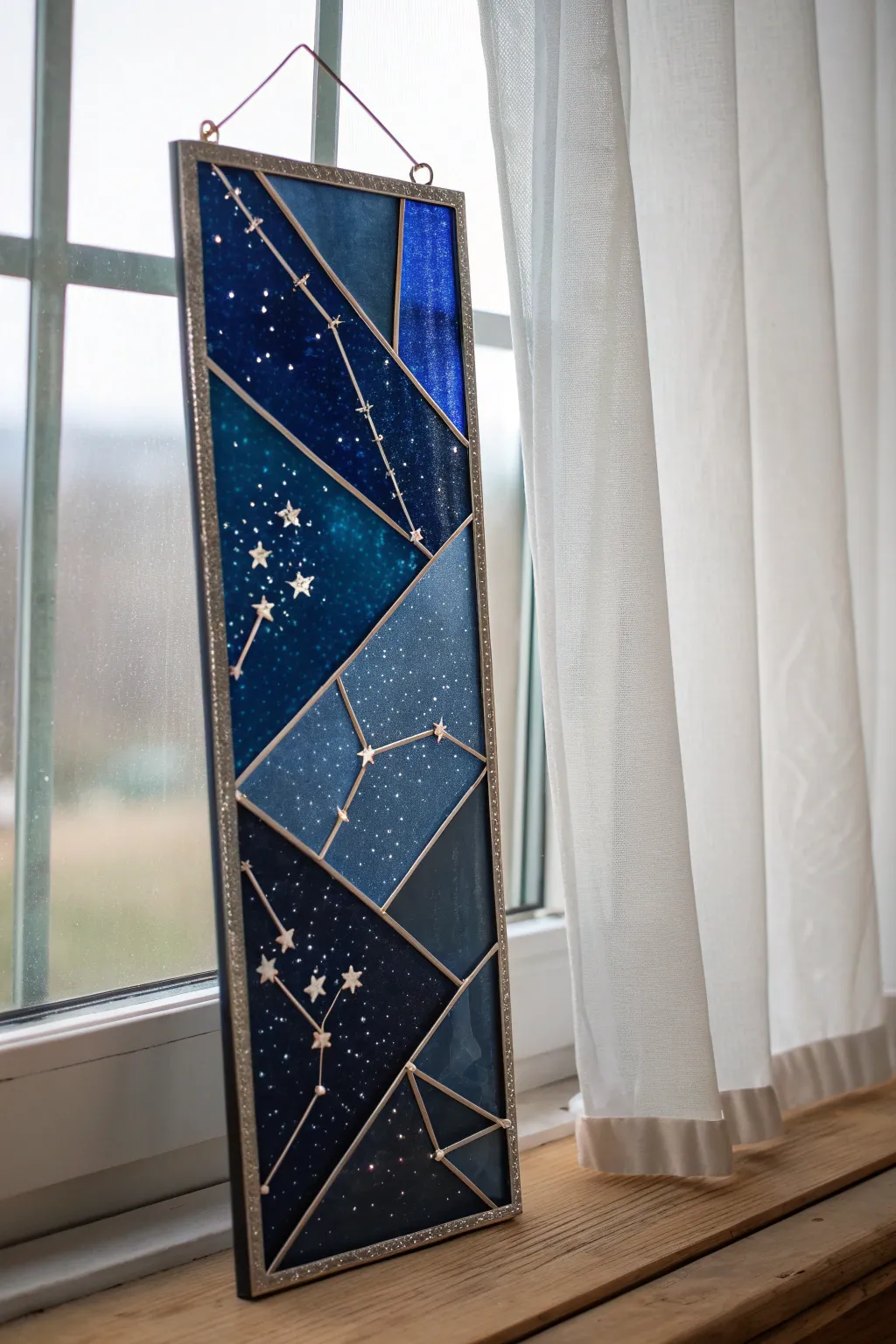 Stained glass night sky panel with delicate constellation lines, simple and dreamy to paint