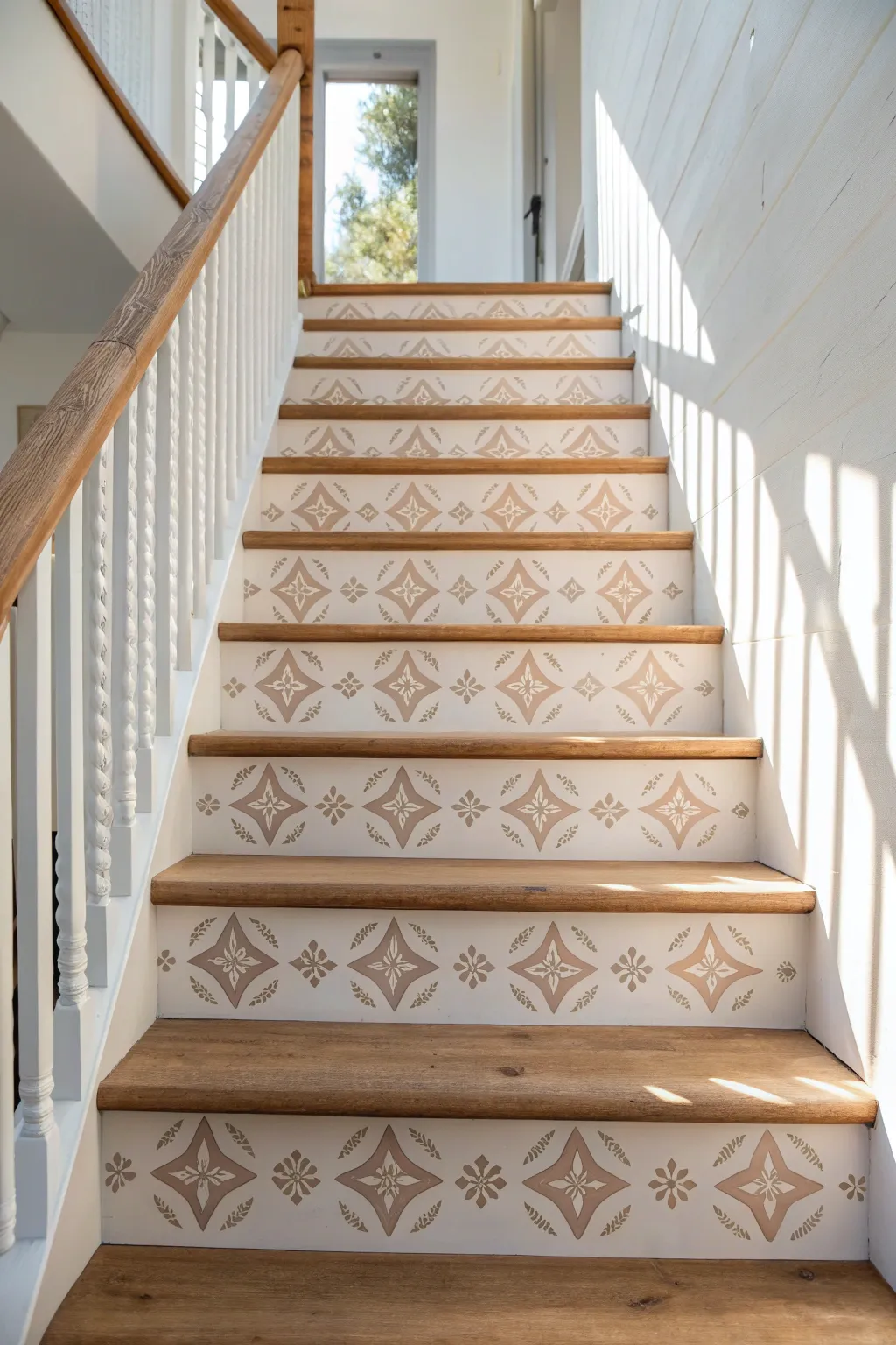 Evenly aligned stenciled motifs bring soft pattern to stair risers in calm Scandinavian tones.