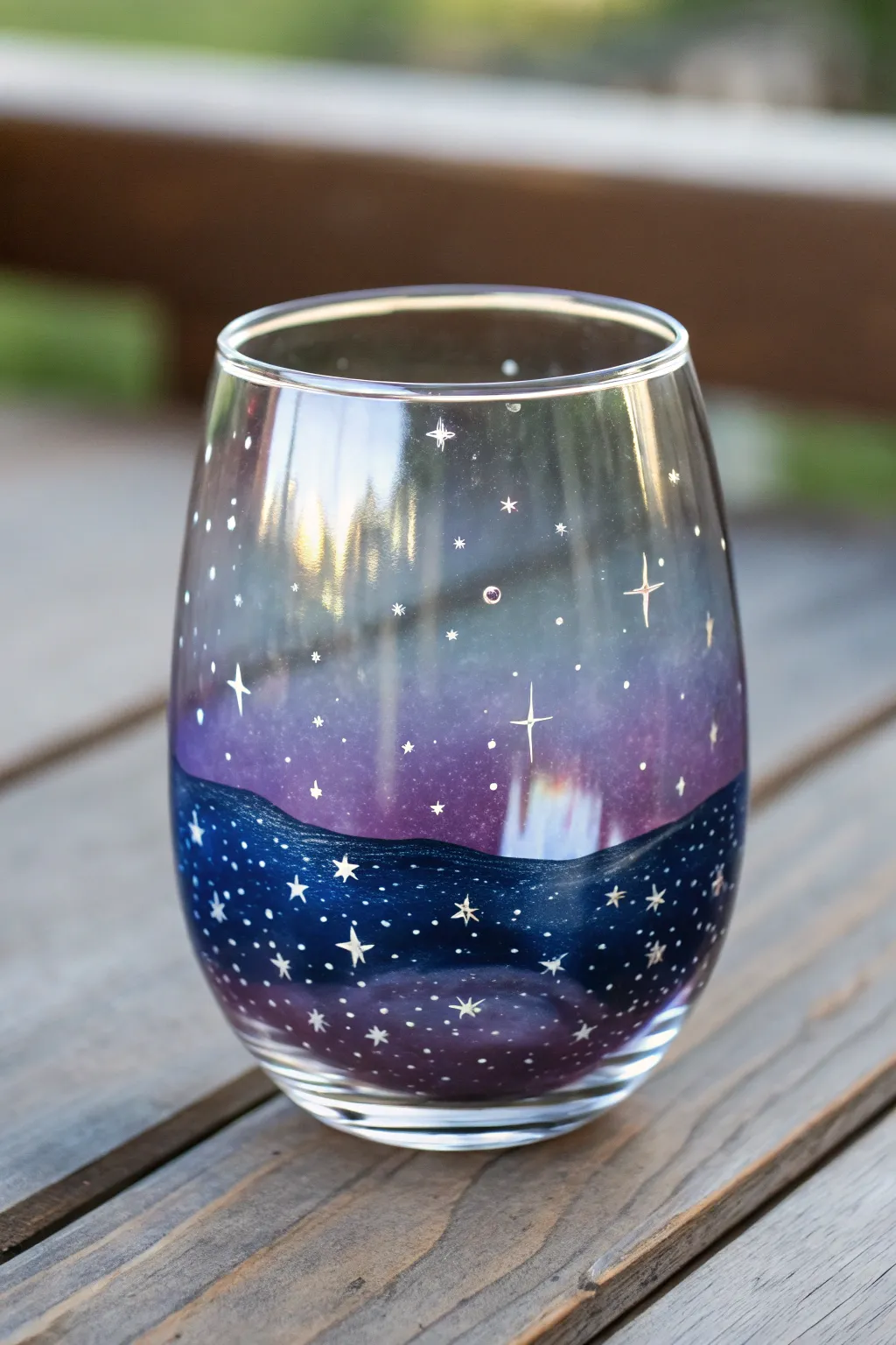 Paint a midnight galaxy wrap on a stemless wine glass with starry dots and bold contrast.