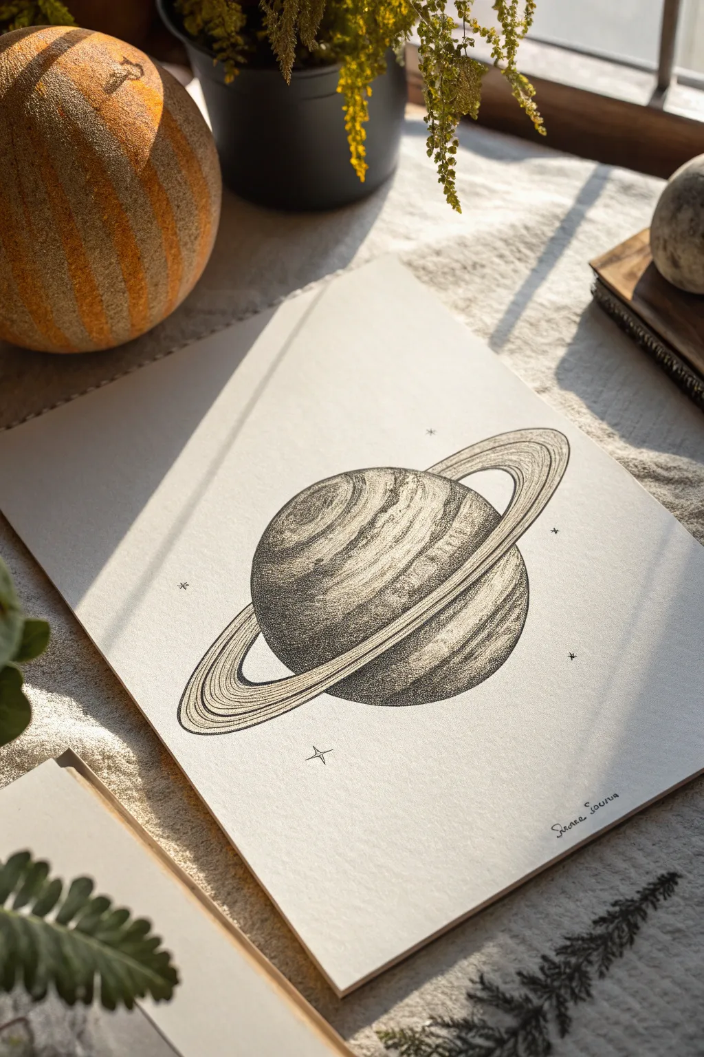 Stippled planet study with bold light and shadow, minimalist rings for dramatic depth