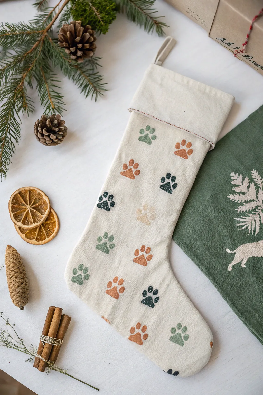 Minimal pet-themed stocking: muted paw prints and treat shapes for a cozy holiday vibe