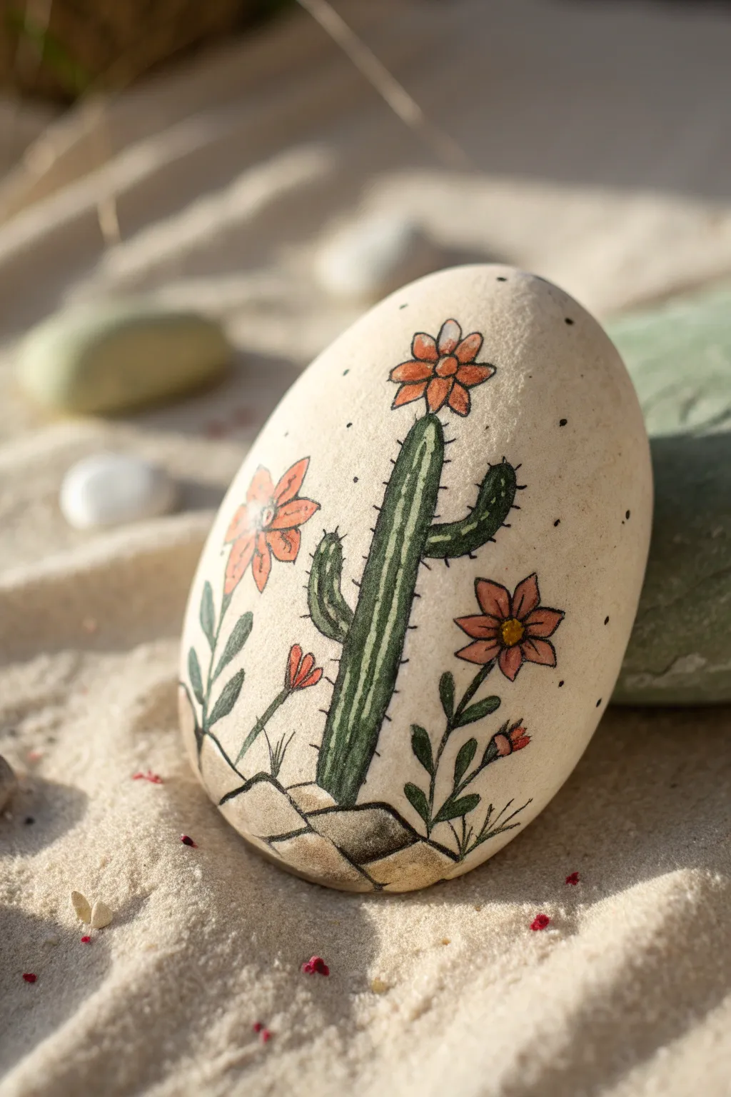 Paint a sunbaked cactus stone with tiny desert blooms for a calm minimalist boho vibe