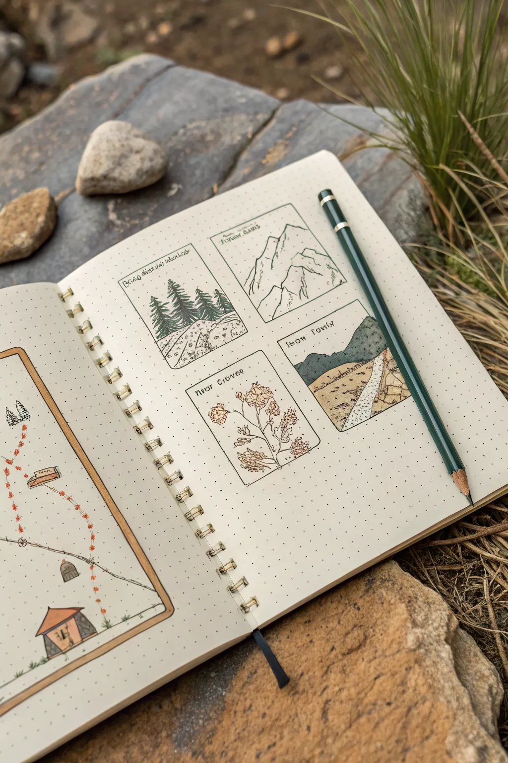 Map-to-scene journey panels: a tiny route map linking four story moments in clean handmade frames